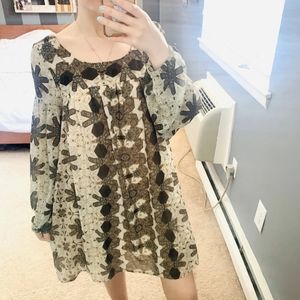 Free People Dress Geometric Print Flowy Shift Dress Long Sleeve Cream XS